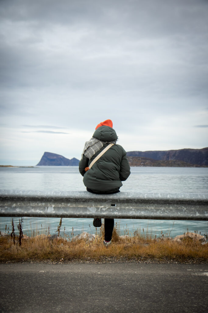 femme de dos regardant un fjord - série photos de norvège - tromso, réalisée par Anaël Jourdain Photographe Amateur Hauts-de-France